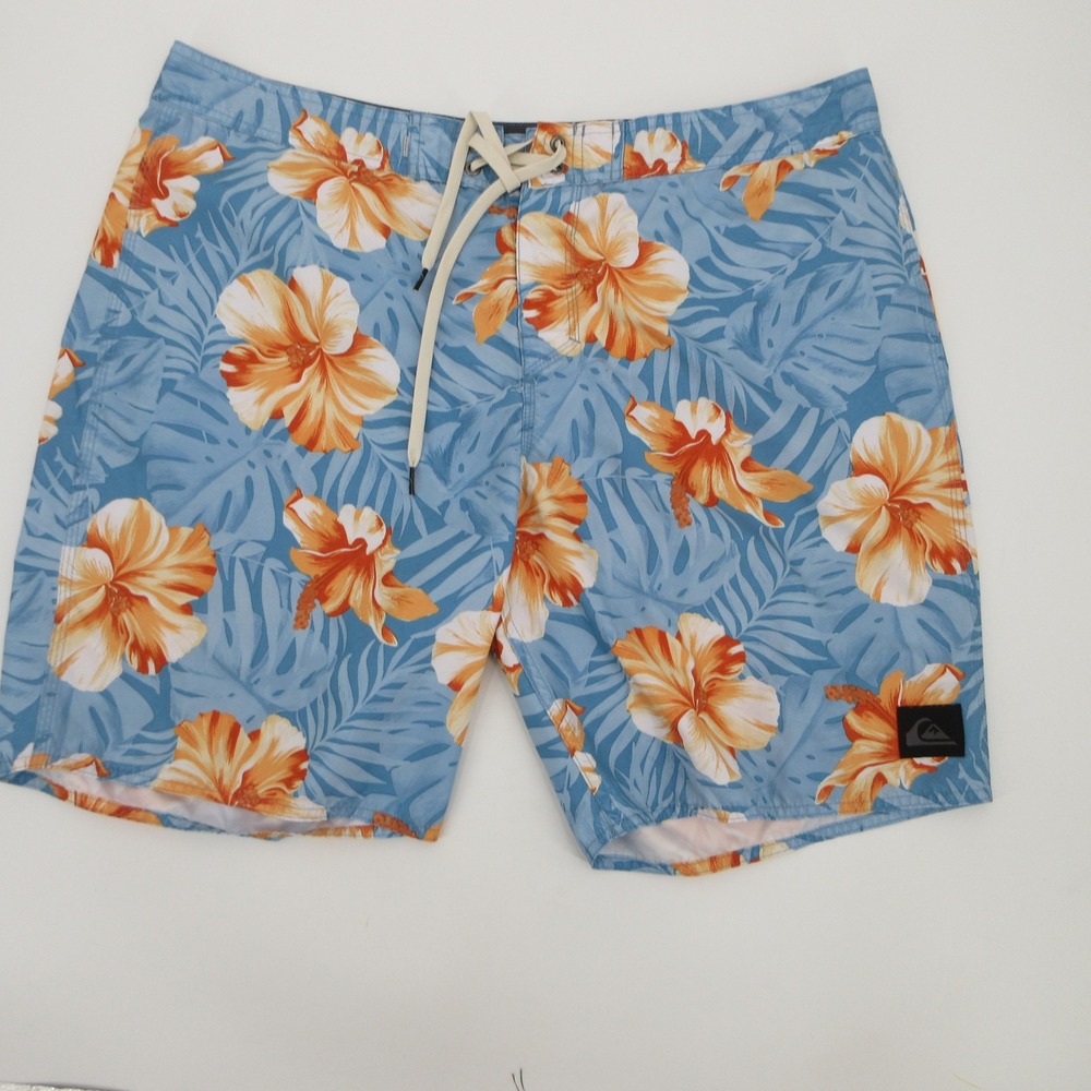Quiksilver Mens Blue Orange Tropical Hibiscus Floral Board Shorts Size 38